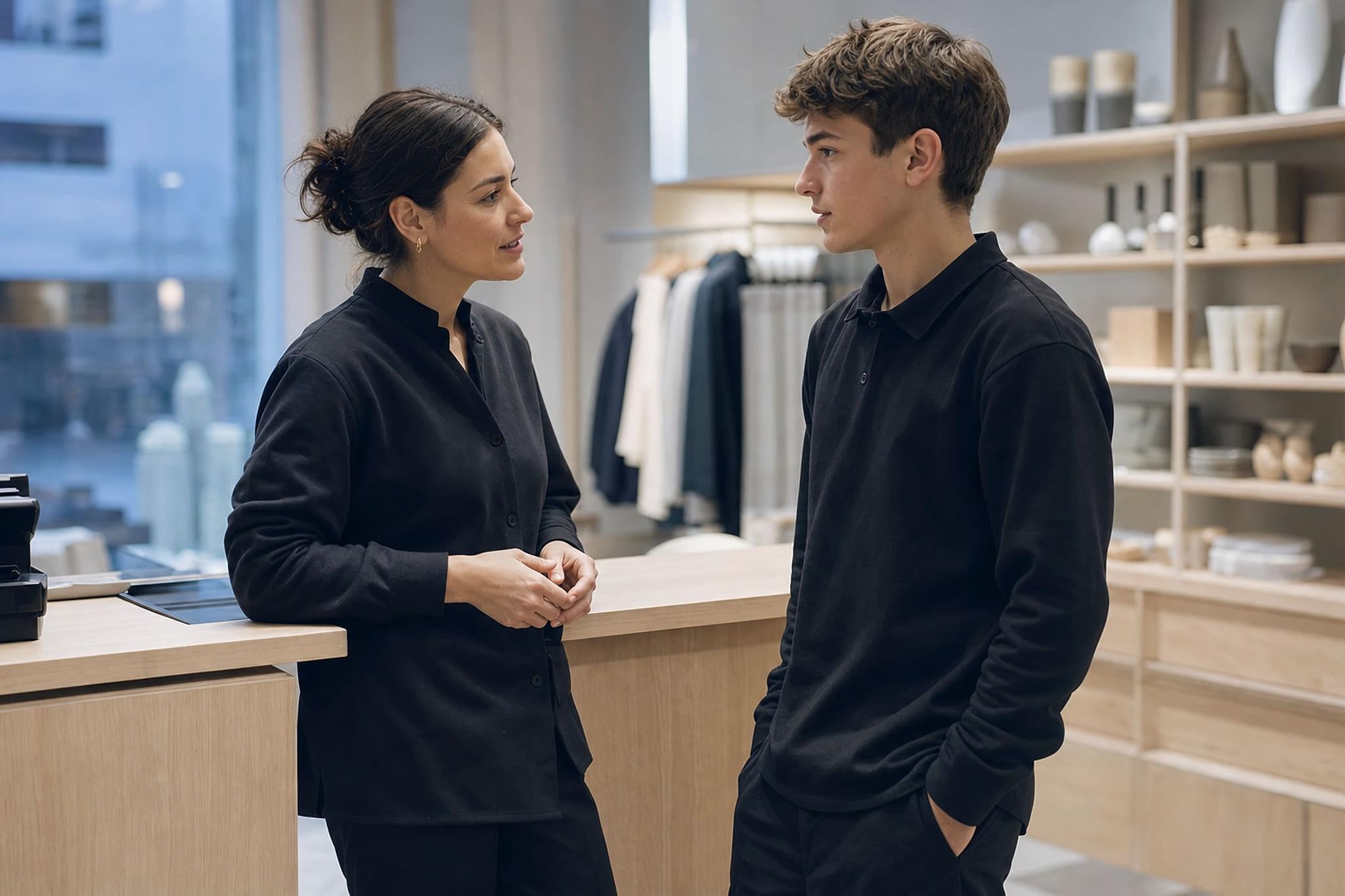 Eine Filialleiterin bespricht nach Ladenschluss kurz die Arbeit mit ihrem Lernenden.